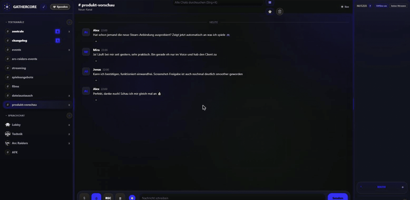 Echter Screenshot der GatherCore-Oberfläche: Kanalliste und Chatverlauf